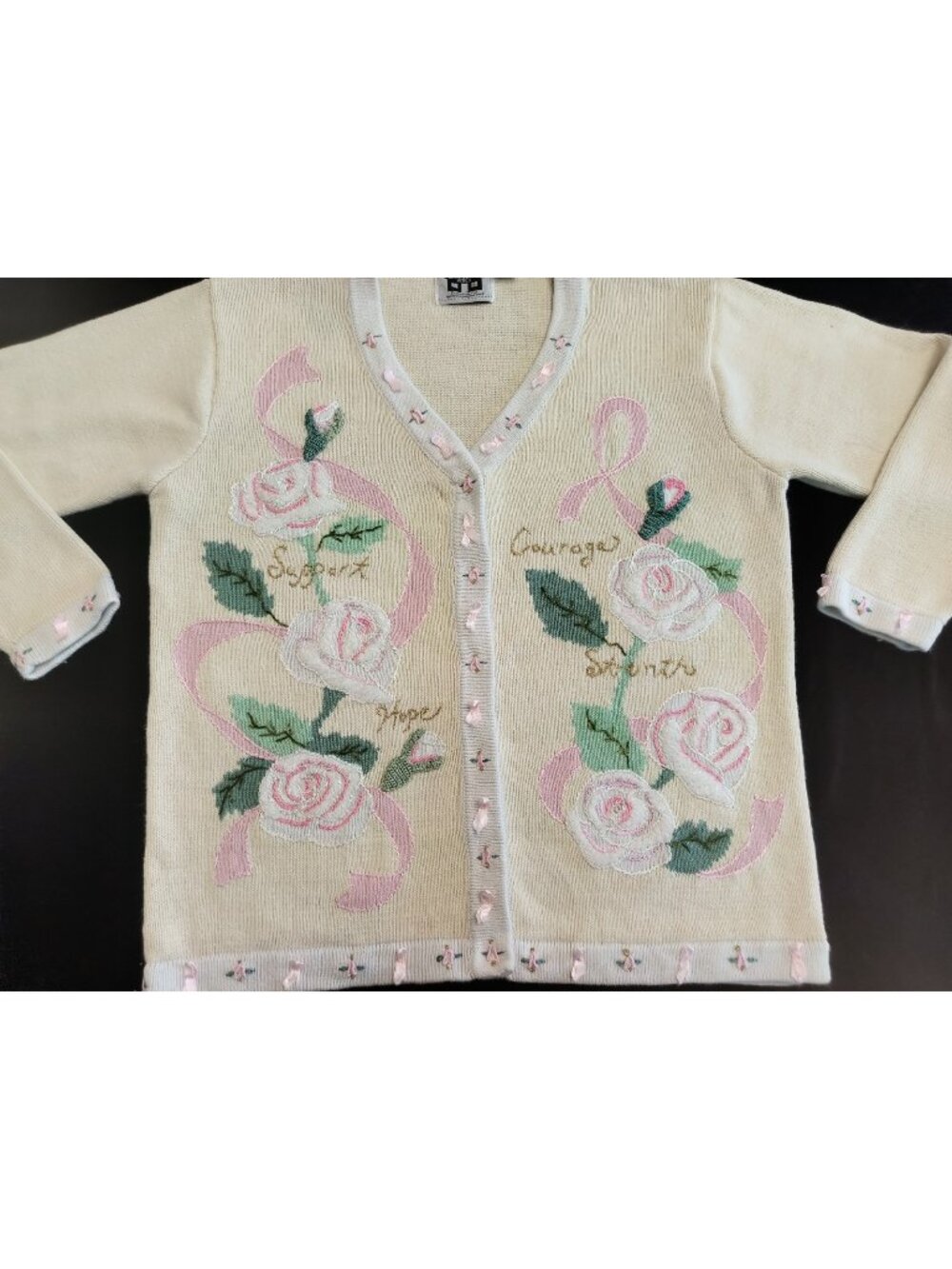 Vintage Storybook Knits Sweater Yellow Pink Roses Sequins Size Large Women